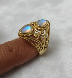 Authentic Natural Rainbow Moonstone Double Stone Ring Gold Plated Handmade Boho Jewelry.