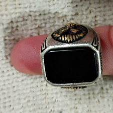 Mens 925 Sterling Silver Lion Signet Ring Bla...