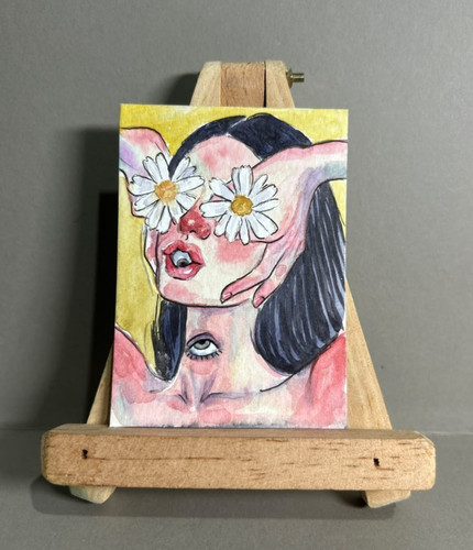Daisy Eyes Third Eye Surreal Original Watercolor ACEO OOAK Lowbrow Painting Art