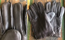VTG DARK BROWN LEATHER MEN'S GLOVES ACRYLIC NYLON KNIT LINED WHIPSTITCH GUC L