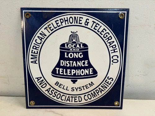 AT&T TELEPHONE PHONE BOOTH BELL SYSTEM PORCELAIN SIGN 8x8” LONG DISTANCE VINTAGE