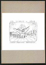Exlibris Gianno Mantero Ingegnere, gro&szlig;e Hand h&auml;lt ein Buch und Weizen, 1968