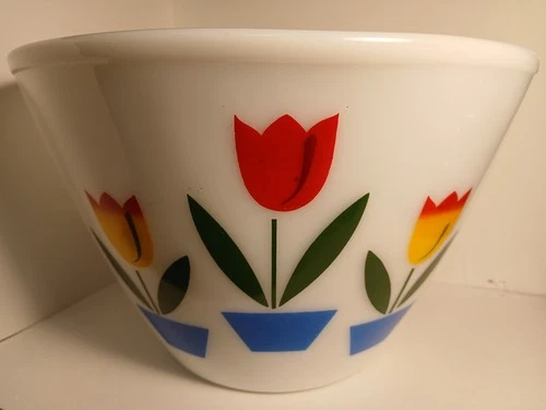 Vintage Large Fire King Tulip 6" x 9.5" Bowl Red & Yellow Tulips Anchor Hocking
