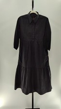Quince Women 100% Organic Cotton Poplin Midi Tunic Dress Black Basic Sleeved M