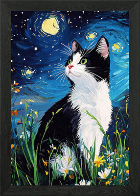 Gerahmtes Wandbild Poster Leinwanddruck Bild Katze Sternennacht