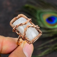Rainbow Moonstone Gemstone Copper Wire Wrap Jewelry Ring Size 8.5 M028