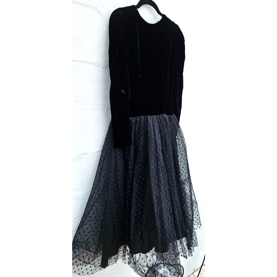 Vintage Dress Small Black Velvet Tulle Sheer Polka Dot Goth Witchy Whimsy 80s - Image 3 of 4
