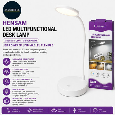 Hensam LED Multifunktionale Schreibtischlampe FTL501 USB Powered Dimmbar Weiß Neu