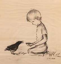 TASHA TUDOR Childrens Book Illustration Charcoal Drawing EDGAR ALLEN CROW & Son