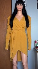 Fashion Nova Jacket Dress Womens V Neck Long Sleeve Mustard Yellow Tie •Sz XL•