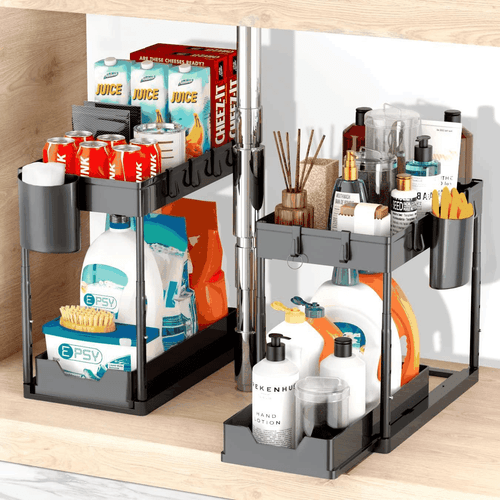 EPSY Under Sink Organizers and Storage 2 Pack Adjustable Height 2 Tier - Picture 2 of 2
