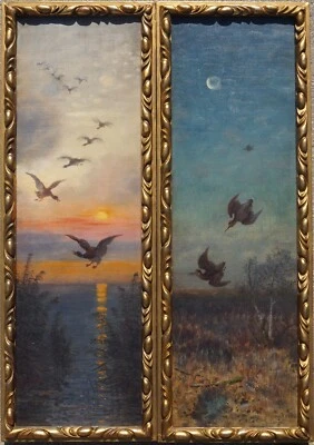 Eduard Gehbe, Wildenten, Schnepfen, Sonnenaufgang, Dämmerung, Öl um 1900, - Bild 1 von 4