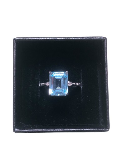 4CT Emerald Cut Sky Blue Topaz And Diamond 925 Sterling Silver Size 7 - Picture 3 of 5