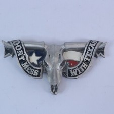 Vintage 5" Wide Belt Buckle Don't Mess With Texas Banner Long Horn Cow Skull