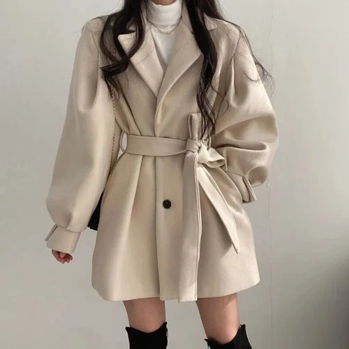 Women's Woolen Coat Autumn Winter Mid Length Lapel Belt Jacket Elegant Outwear - Picture 6 of 16
