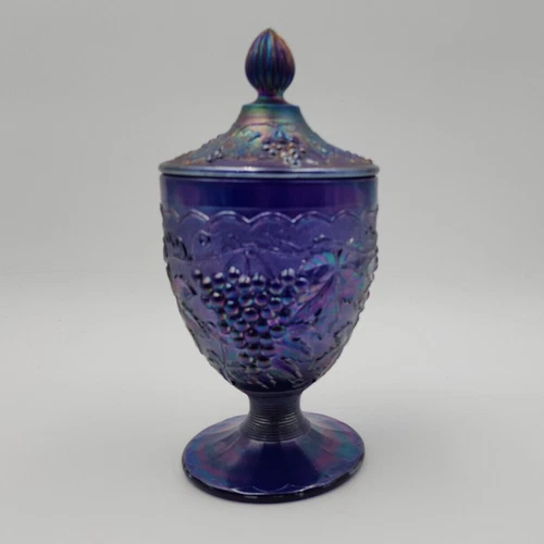 Vtg Imperial Glass Carnival Cobalt Blue Peacock Leaves & Grape Candy Dish w/ Lid