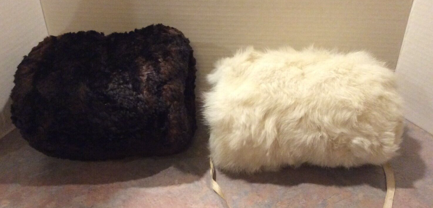 2 Child / Little Girl Fur Hand Muff Hand Warmers - Vintage - White Rabbit & Brow