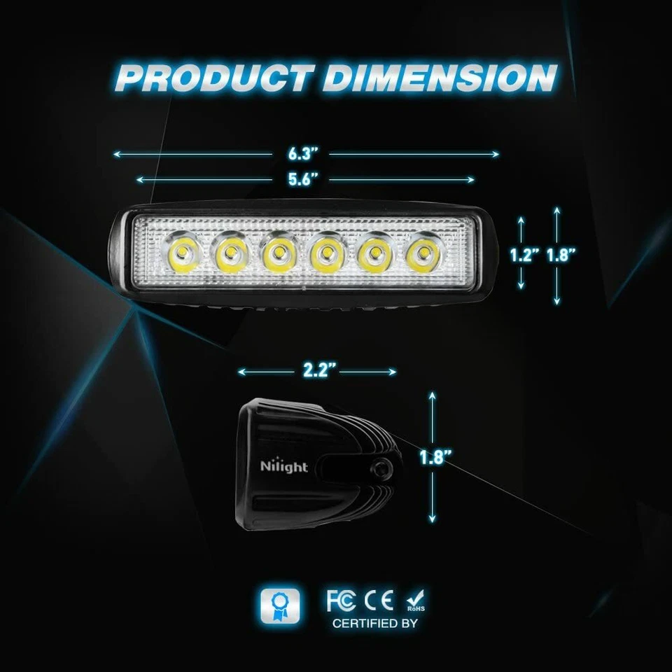 Barra de luz LED crepuscular de una fila 2 piezas 18 W 6 pulgadas haz de inundación vainas de conducción antiniebla 4x4 Foto 3 de 4