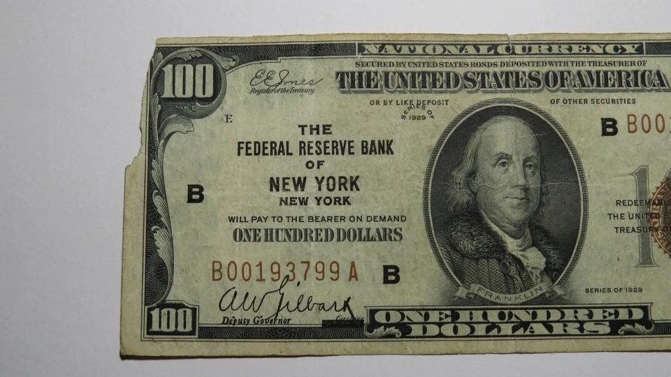 $100 1929 New York City NYC National Currency Note Federal Reserve Bank RARE! - Image 2 of 3