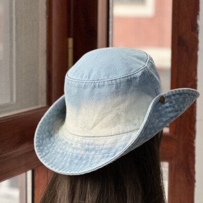 Women Men Retro Denim Bucket Hat Gradient Color Sun Cap