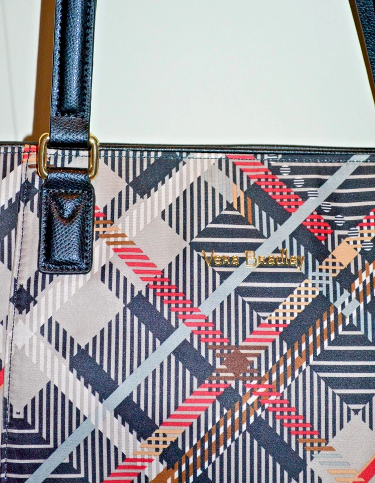 NUEVO CON ETIQUETAS $168 VERA BRADLEY Pequeño ELLA TOTE Sophia Cuadros Taupe Naranja Borde de Cuero Negro Foto 4 de 4