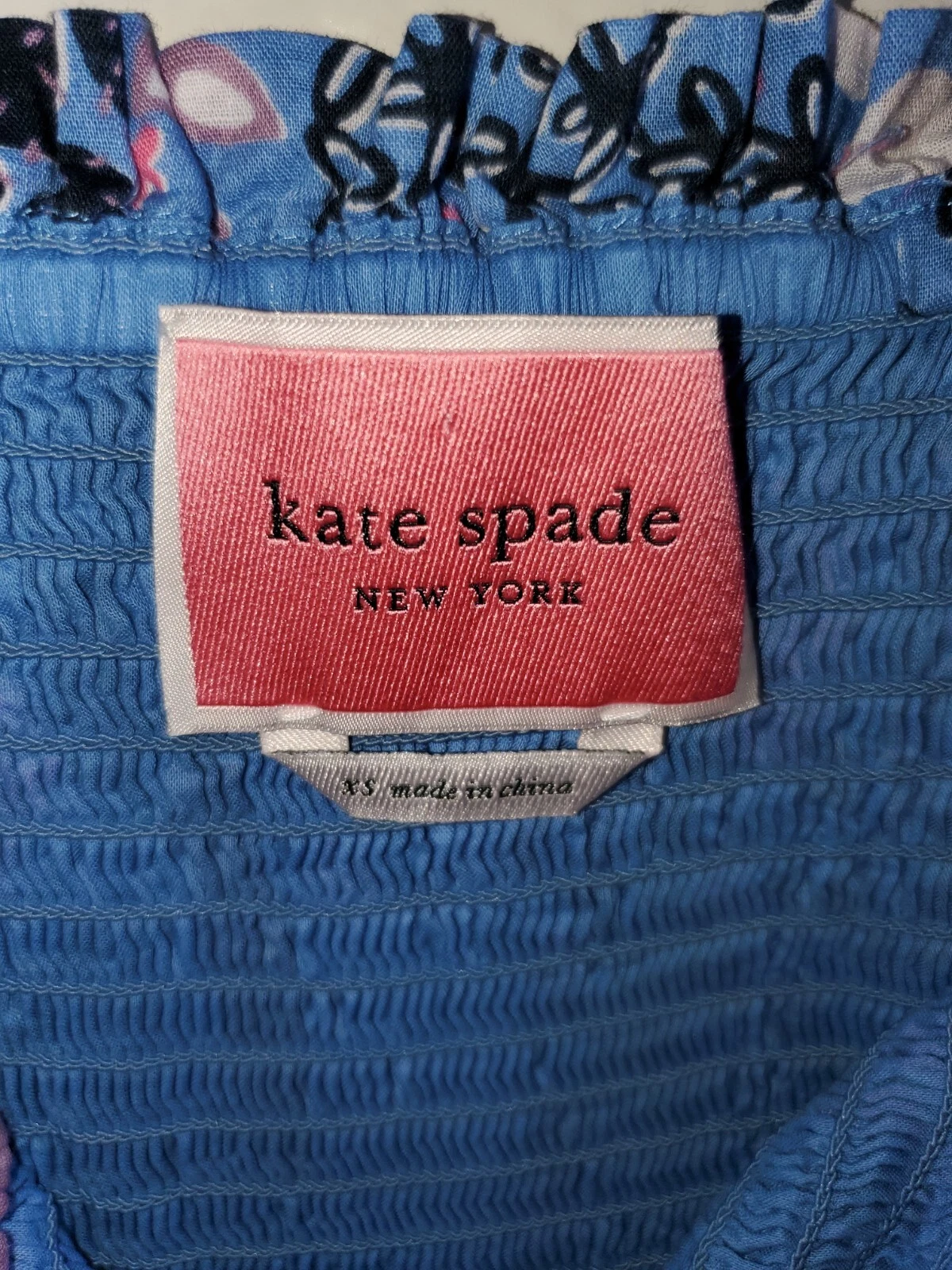 Abito midi Kate Spade Garden Posy smocked stampa gatto cactus taglia XS blu