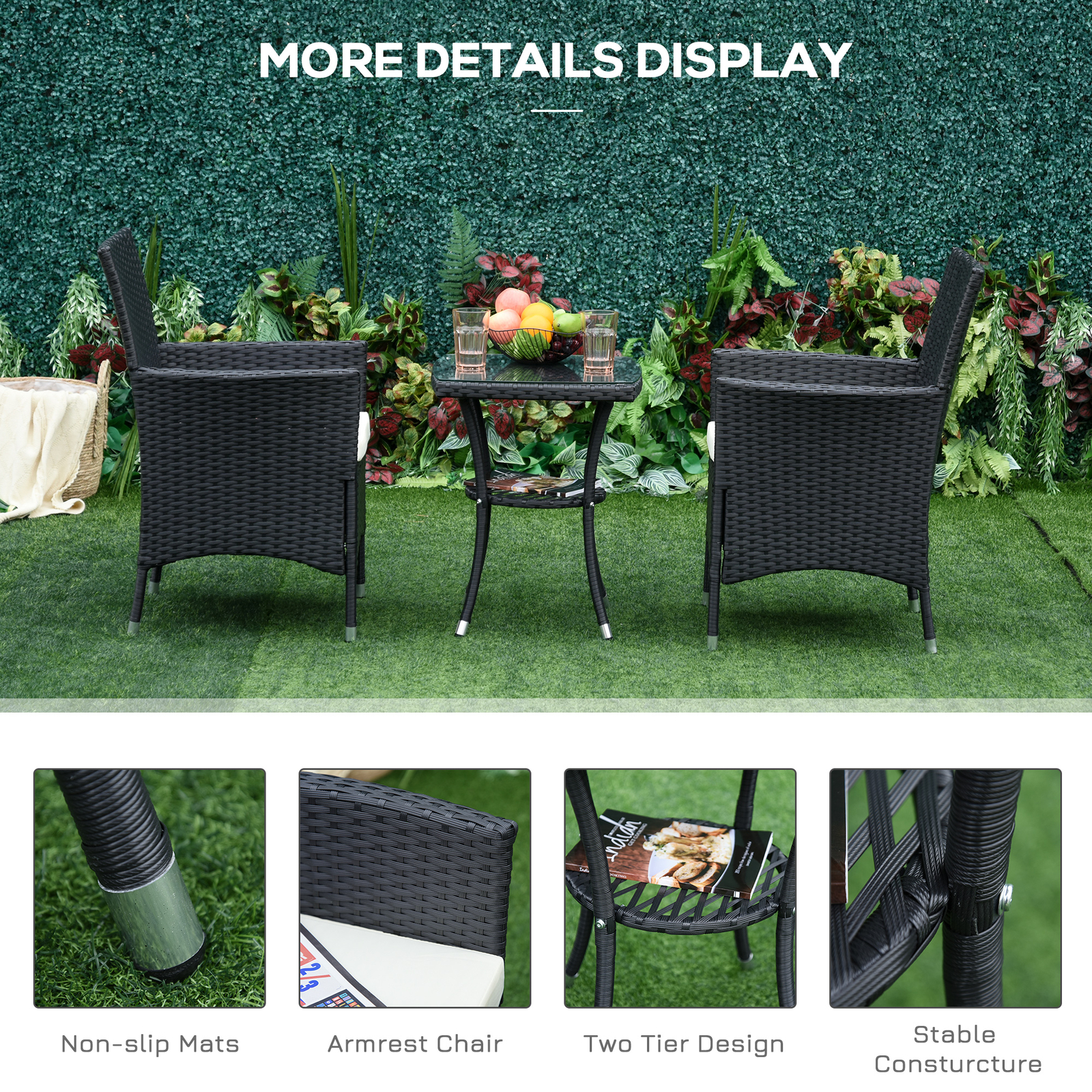 Outsunny Rattan Bistro Set Garden Chair Table Patio Outdoor, Black