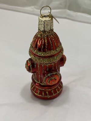 Blown Glass CHRISTMAS ORNAMENT Fire Hydrant Red Gold Glitter 3.5 
