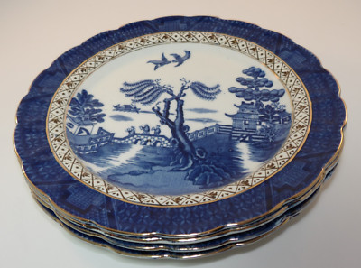 4 Stände echte alte Willow Patt 9072 10 1/4'' vergoldete Speiseteller 1930er Lot C sehr guter Zustand