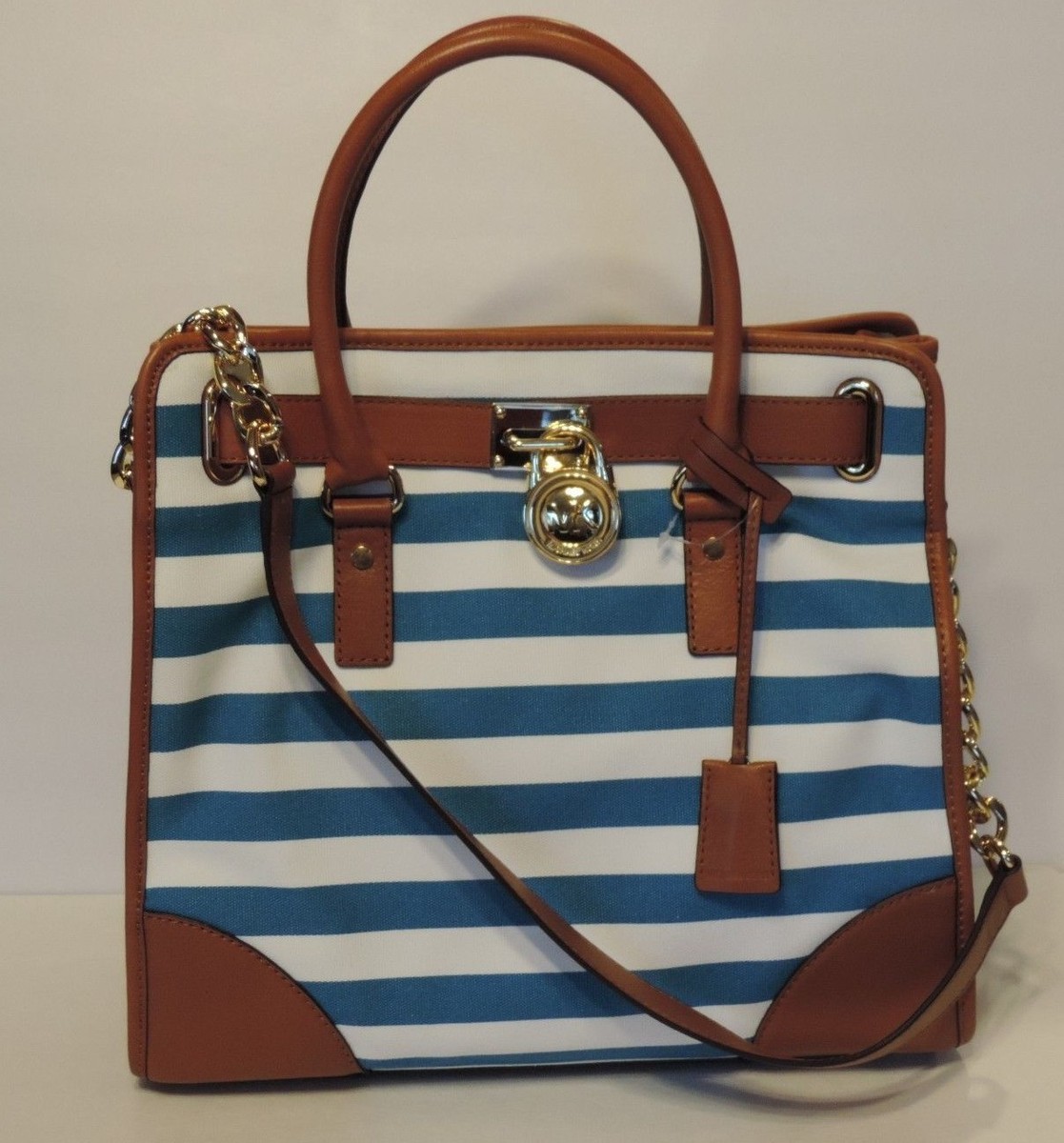 New michael kors hamilton canvas striped large north south tote 