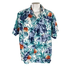 Van Heusen Hawaiian Shirt 2XL Pineapples Tropical Leaves Floral Green Blue Tan