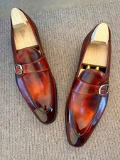 Hand Made Men Brown Patina Shaded Leather Monk Strap Shoes, formal dress shoes