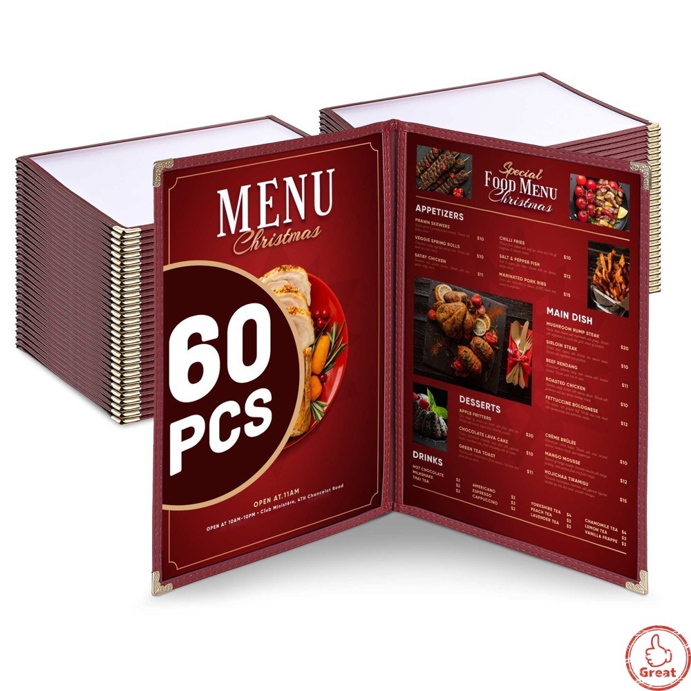 WeChef 60 Pack Restaurant Menu Covers 8.5" x 14" 2 Pages 4 Views PVC Burgundy