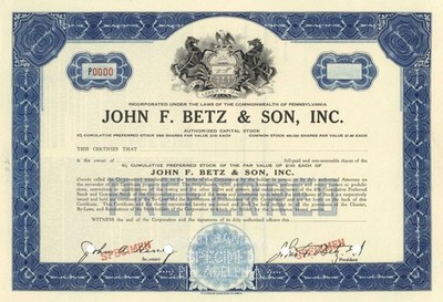 John F. Betz and Son, Inc. - Brewery Specimen Stock Certifcate - Specimen Stoc