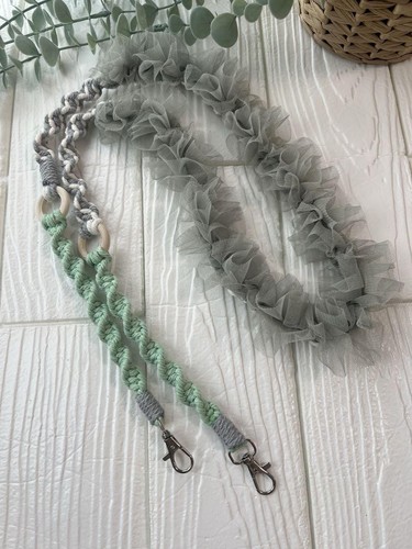 Frill Tulle Smartphone Shoulder Strap Green Gray Mint Wood Ring Silver Hardware - Photo 5 sur 12