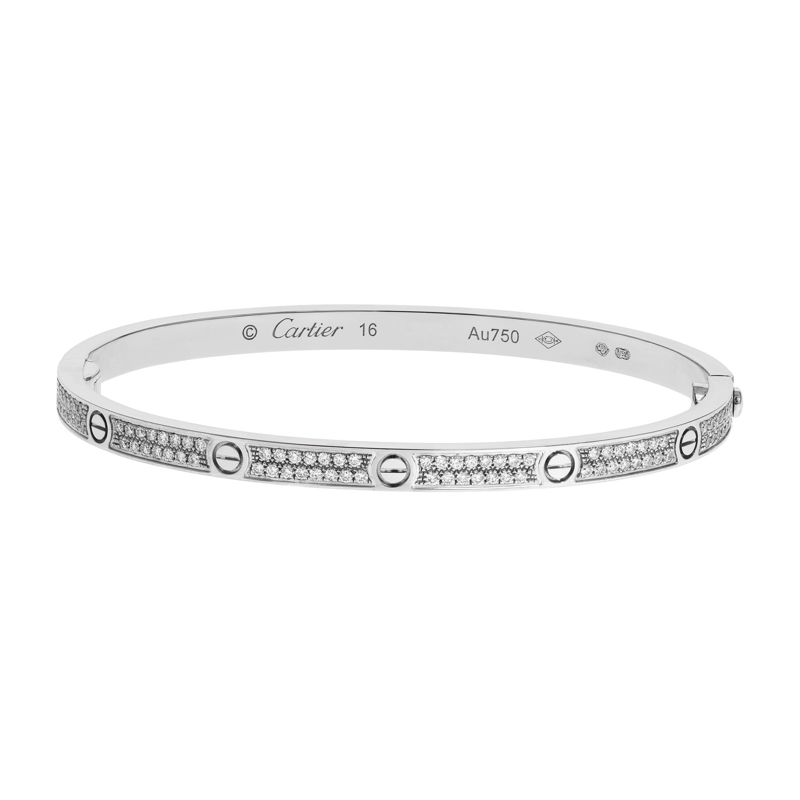 Cartier 18k White Gold Pave Diamond Love Bangle Bracelet Size 16