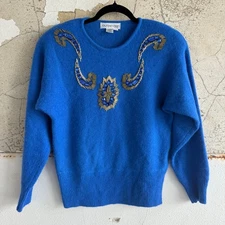 Vtg 80s Sweater Wool Angora  Embellished Blue Gold Womens S Maximalist Hong Kong