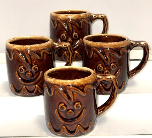 4 Hull Pottery BROWN DRIP   3 1/2" GINGERBREAD SMILEY FACE MUGS