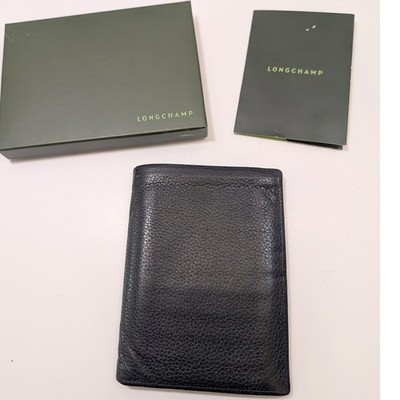 Longchamp Large Mens Black Pebbled Leather Trifold Wallet & Passport w Box