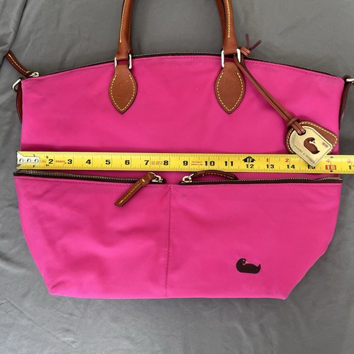 Dooney & Bourke Large FUCHSIA Nylon DILLEN Double Pocket Satchel British Tan EUC - Picture 20 of 21