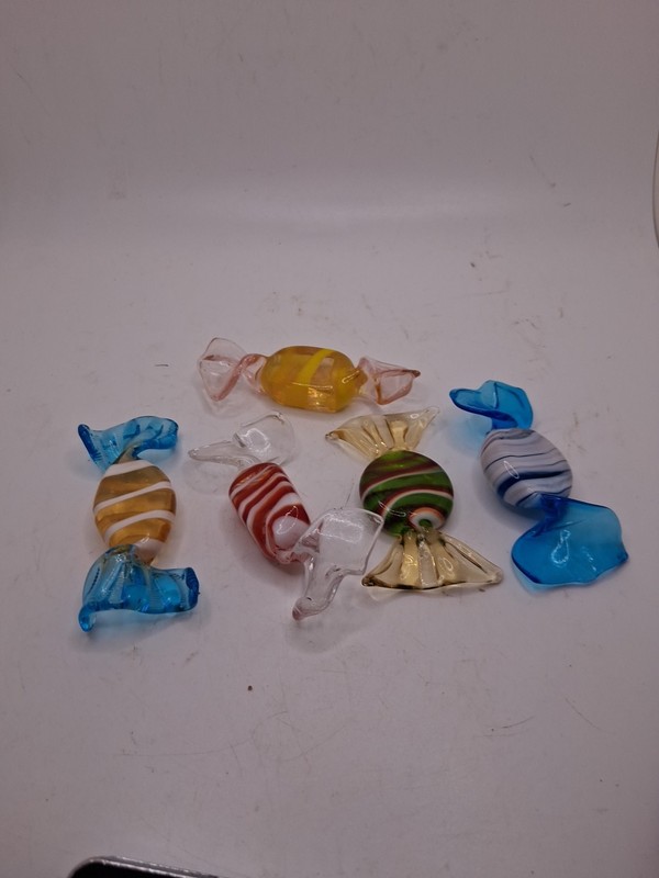 Blown Glass Murano Style Wrapped Art Glass Candy Pieces Lot Of 5  Colorful Vinta