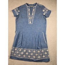 Madewell Blue Embroidered Cotton Shift Dress Pockets Short Sleeve Womens Small
