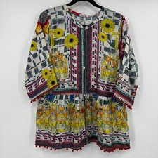 Johnny Was Theda Tunic Silk Floral Abstract Pom Pom Trim Peplum Top Medium Artsy