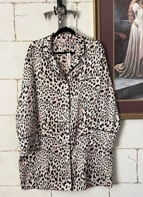 Victoria's Secret Leopard Print Satin Poly Collared Sleep Shirt Dress PJ Top XL