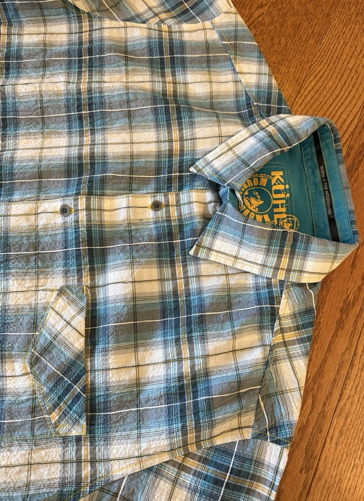 Mens KUHL Shirt Response Short Sleeve Button Down Blue Yellow Plaid Large Hiking