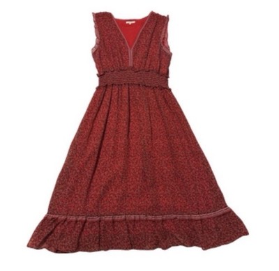 Max Studio Burgundy Printed Midi Dress Smocked V-Neck Ruffle Maroon Sleeveless