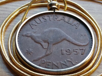 1957 AUSTRALIA Queen Elizabeth II Penny Pendant on a 24'' 18KGF Snake Chain