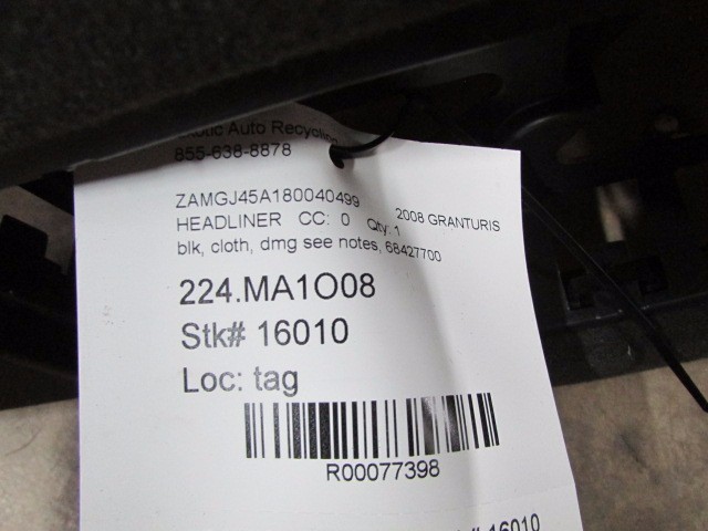 Maserati Granturismo, Headliner, Black, Cloth, Used, P/N 68427700