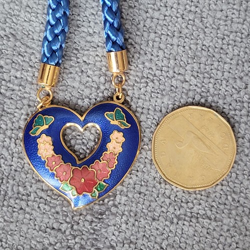Braided Blue Rope Cloisonné Heart Shaped Pendant & Gold Tone Earring Set - Picture 6 of 16