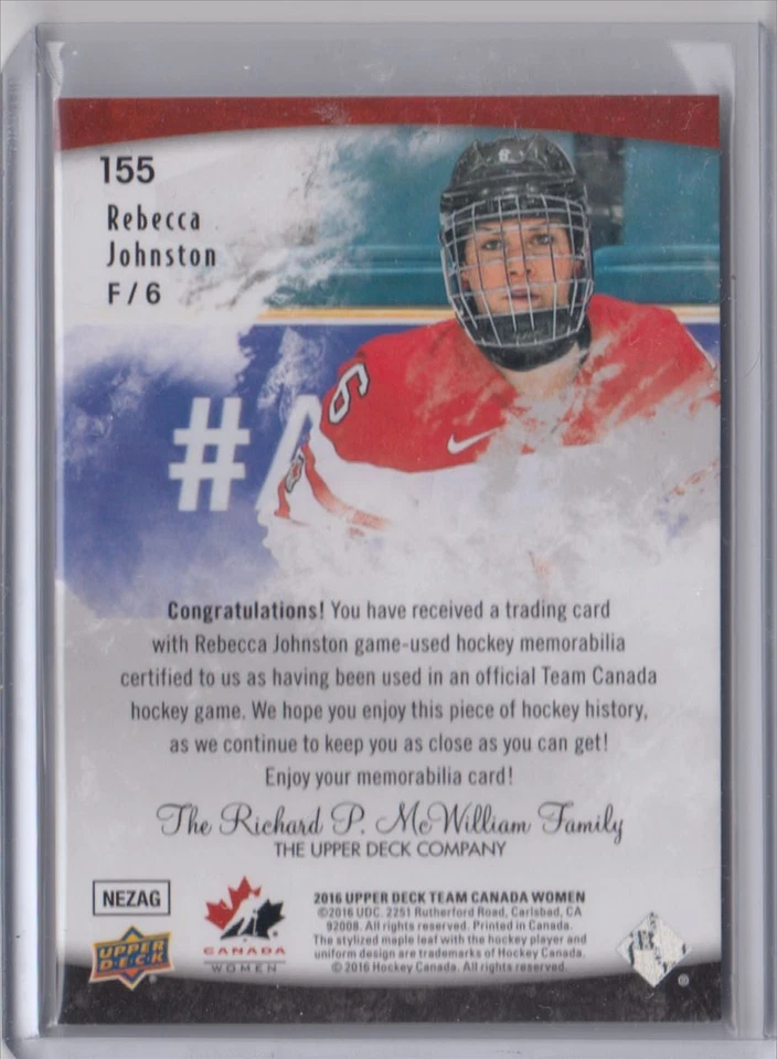 2016-17 Upper Deck Team Canada Juniors Jersey Rebecca Johnston RC #155 - Image 2 of 2